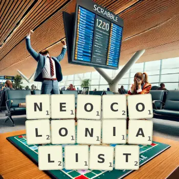 Creative illustration for a Scrabble game with the word NEOCOLONIALIST spelled out in tiles on the board.