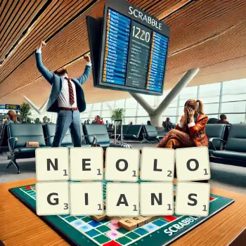 Creative illustration for a Scrabble game with the word NEOLOGIANS spelled out in tiles on the board.
