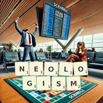 Creative illustration for a Scrabble game with the word NEOLOGISM spelled out in tiles on the board.