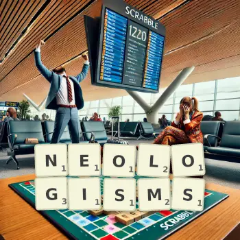 Creative illustration for a Scrabble game with the word NEOLOGISMS spelled out in tiles on the board.