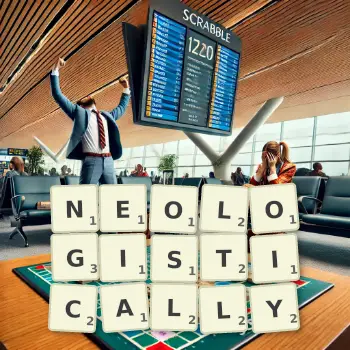 Creative illustration for a Scrabble game with the word NEOLOGISTICALLY spelled out in tiles on the board.