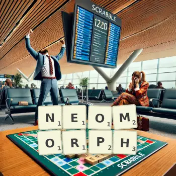 Creative illustration for a Scrabble game with the word NEOMORPH spelled out in tiles on the board.