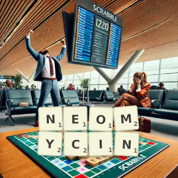 Creative illustration for a Scrabble game with the word NEOMYCIN spelled out in tiles on the board.
