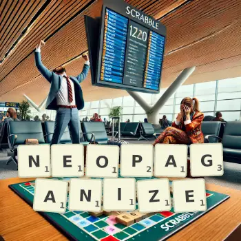 Creative illustration for a Scrabble game with the word NEOPAGANIZE spelled out in tiles on the board.