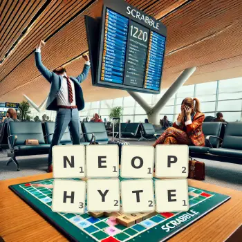 Creative illustration for a Scrabble game with the word NEOPHYTE spelled out in tiles on the board.