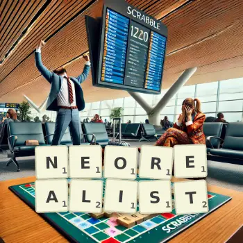 Creative illustration for a Scrabble game with the word NEOREALIST spelled out in tiles on the board.