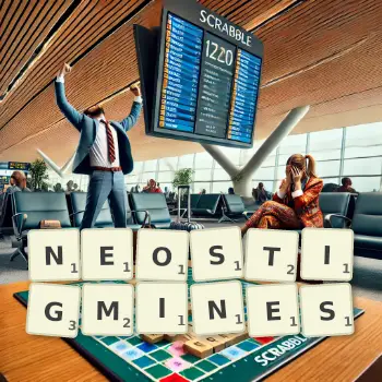 Creative illustration for a Scrabble game with the word NEOSTIGMINES spelled out in tiles on the board.
