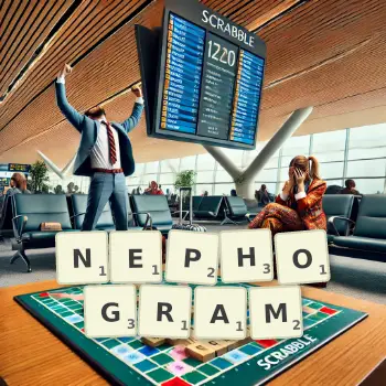Creative illustration for a Scrabble game with the word NEPHOGRAM spelled out in tiles on the board.