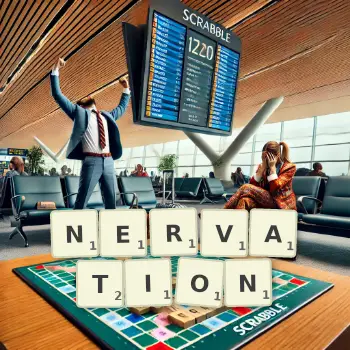 Creative illustration for a Scrabble game with the word NERVATION spelled out in tiles on the board.