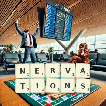 Creative illustration for a Scrabble game with the word NERVATIONS spelled out in tiles on the board.