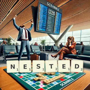 Creative illustration for a Scrabble game with the word NESTED spelled out in tiles on the board.