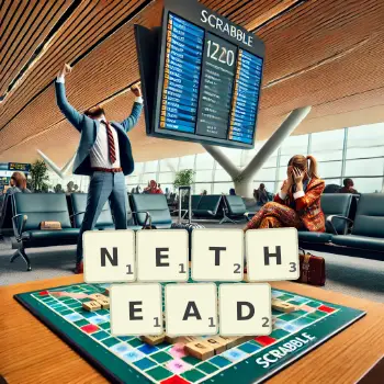 Creative illustration for a Scrabble game with the word NETHEAD spelled out in tiles on the board.