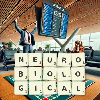 Creative illustration for a Scrabble game with the word NEUROBIOLOGICAL spelled out in tiles on the board.