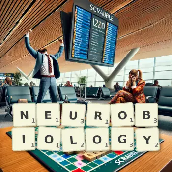 Creative illustration for a Scrabble game with the word NEUROBIOLOGY spelled out in tiles on the board.