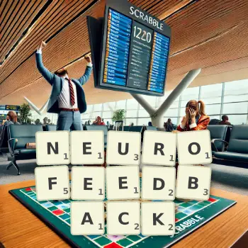 Creative illustration for a Scrabble game with the word NEUROFEEDBACK spelled out in tiles on the board.