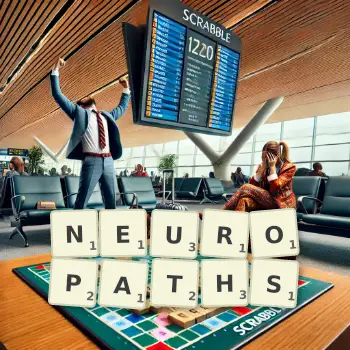 Creative illustration for a Scrabble game with the word NEUROPATHS spelled out in tiles on the board.
