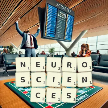 Creative illustration for a Scrabble game with the word NEUROSCIENCES spelled out in tiles on the board.