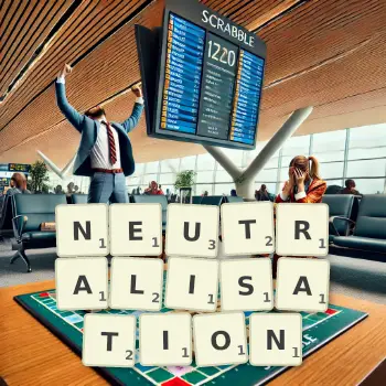 Creative illustration for a Scrabble game with the word NEUTRALISATION spelled out in tiles on the board.