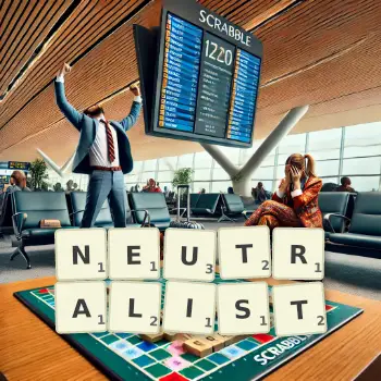 Creative illustration for a Scrabble game with the word NEUTRALIST spelled out in tiles on the board.