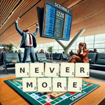 Creative illustration for a Scrabble game with the word NEVERMORE spelled out in tiles on the board.