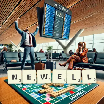 Creative illustration for a Scrabble game with the word NEWELL spelled out in tiles on the board.
