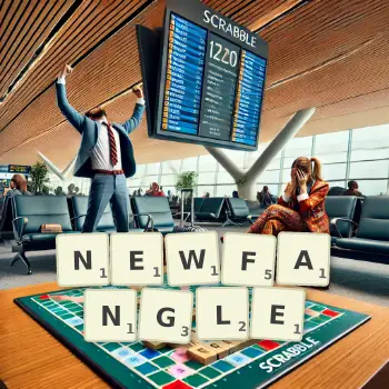 Creative illustration for a Scrabble game with the word NEWFANGLE spelled out in tiles on the board.