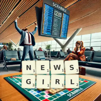 Creative illustration for a Scrabble game with the word NEWSGIRL spelled out in tiles on the board.