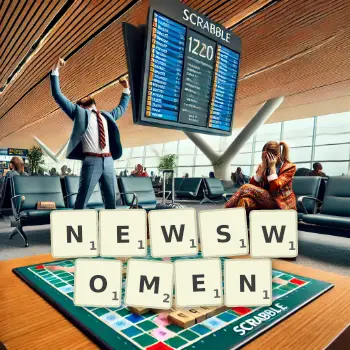 Creative illustration for a Scrabble game with the word NEWSWOMEN spelled out in tiles on the board.