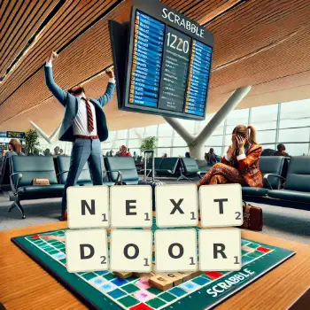 Creative illustration for a Scrabble game with the word NEXTDOOR spelled out in tiles on the board.