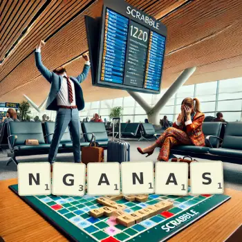 Creative illustration for a Scrabble game with the word NGANAS spelled out in tiles on the board.