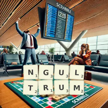 Creative illustration for a Scrabble game with the word NGULTRUM spelled out in tiles on the board.