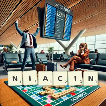 Creative illustration for a Scrabble game with the word NIACIN spelled out in tiles on the board.