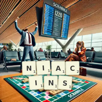 Creative illustration for a Scrabble game with the word NIACINS spelled out in tiles on the board.