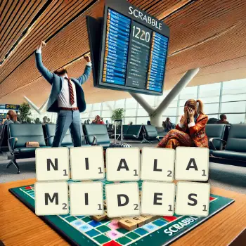Creative illustration for a Scrabble game with the word NIALAMIDES spelled out in tiles on the board.