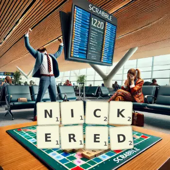 Creative illustration for a Scrabble game with the word NICKERED spelled out in tiles on the board.