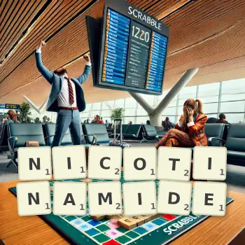 Creative illustration for a Scrabble game with the word NICOTINAMIDE spelled out in tiles on the board.