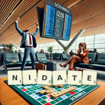 Creative illustration for a Scrabble game with the word NIDATE spelled out in tiles on the board.