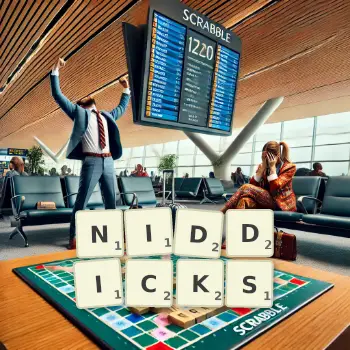Creative illustration for a Scrabble game with the word NIDDICKS spelled out in tiles on the board.