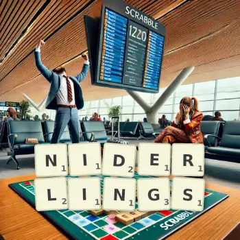 Creative illustration for a Scrabble game with the word NIDERLINGS spelled out in tiles on the board.