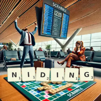 Creative illustration for a Scrabble game with the word NIDING spelled out in tiles on the board.