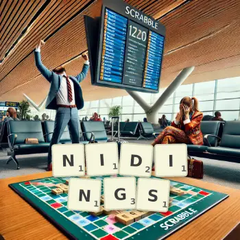 Creative illustration for a Scrabble game with the word NIDINGS spelled out in tiles on the board.