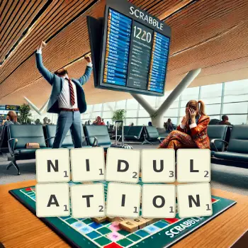 Creative illustration for a Scrabble game with the word NIDULATION spelled out in tiles on the board.