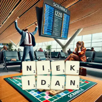 Creative illustration for a Scrabble game with the word NIEKIDAN spelled out in tiles on the board.