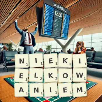 Creative illustration for a Scrabble game with the word NIEKIELKOWANIEM spelled out in tiles on the board.