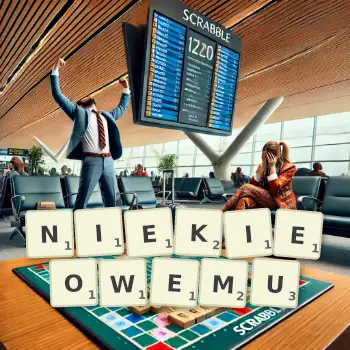 Creative illustration for a Scrabble game with the word NIEKIEOWEMU spelled out in tiles on the board.