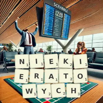 Creative illustration for a Scrabble game with the word NIEKIERATOWYCH spelled out in tiles on the board.