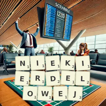 Creative illustration for a Scrabble game with the word NIEKIERDELOWEJ spelled out in tiles on the board.
