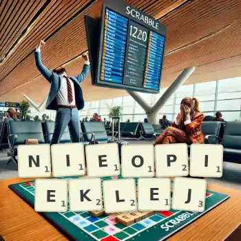 Creative illustration for a Scrabble game with the word NIEOPIEKLEJ spelled out in tiles on the board.