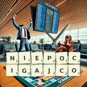 Creative illustration for a Scrabble game with the word NIEPOCIGAJCO spelled out in tiles on the board.
