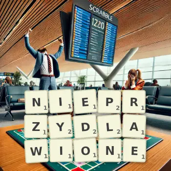 Creative illustration for a Scrabble game with the word NIEPRZYDLAWIONE spelled out in tiles on the board.